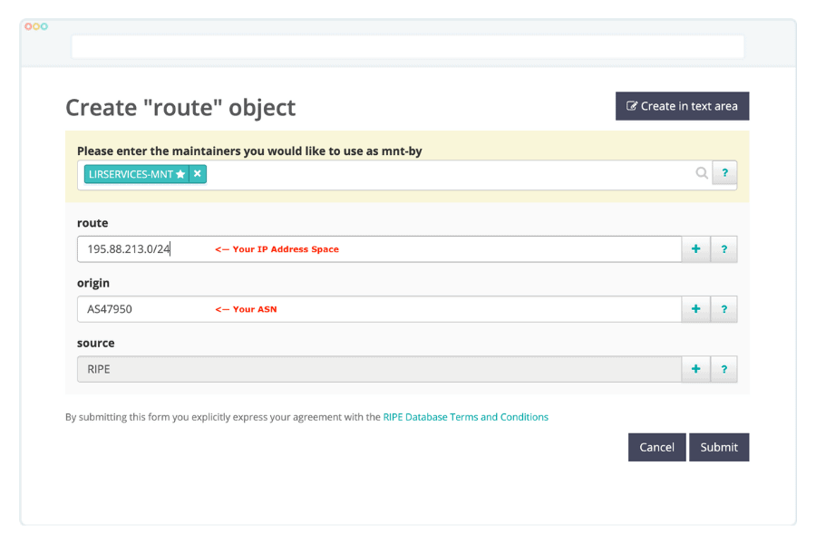 Creating a route object in RIPE whois